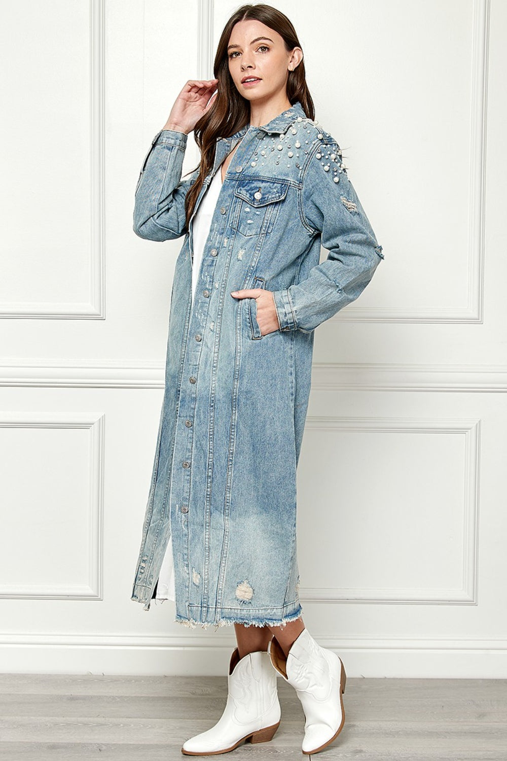 Blue Zone Planet | Veveret Full Size Distressed Raw Hem Pearl Detail Button Up Jacket-TOPS / DRESSES-[Adult]-[Female]-2022 Online Blue Zone Planet