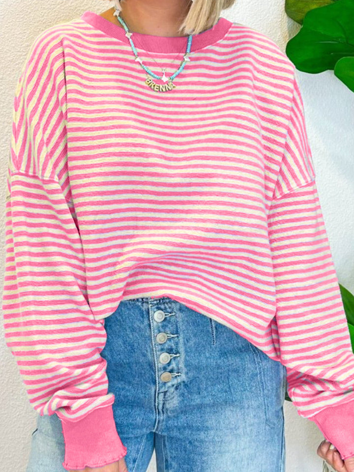 Blue Zone Planet | Striped Round Neck Long Sleeve Sweatshirt-TOPS / DRESSES-[Adult]-[Female]-Pink-M-2022 Online Blue Zone Planet