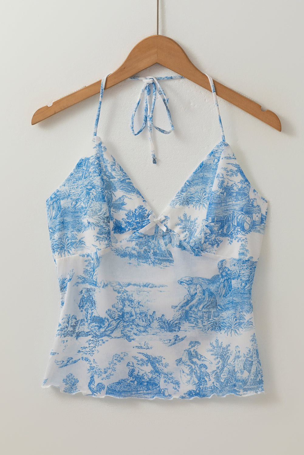 Sky Blue Random Printed Mesh Bow Detail Halterneck Tank Top-Tops/Tank Tops-[Adult]-[Female]-2022 Online Blue Zone Planet