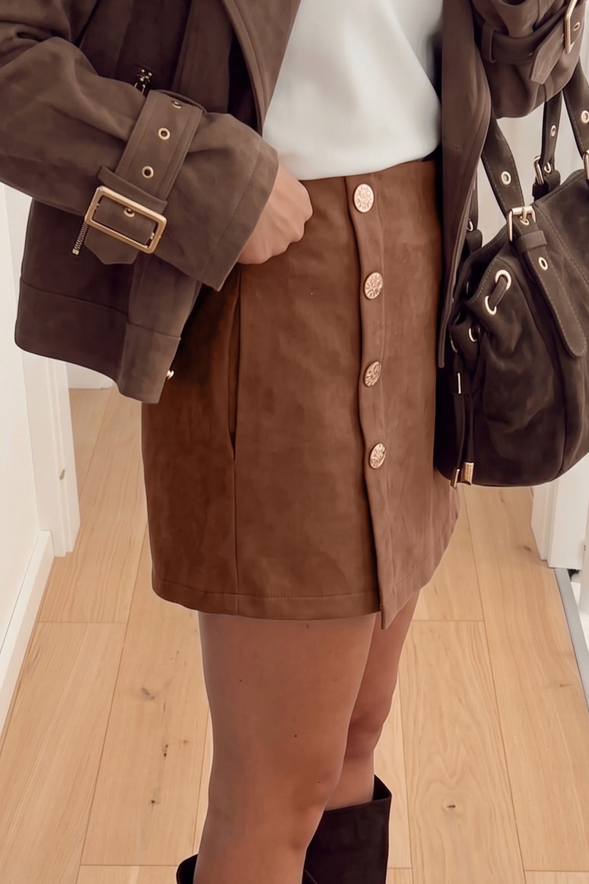 Dark Khaki Gold Button Asymmetric Wrapped Detail Mini Skirt-Bottoms/Skirts & Petticoat-[Adult]-[Female]-2022 Online Blue Zone Planet