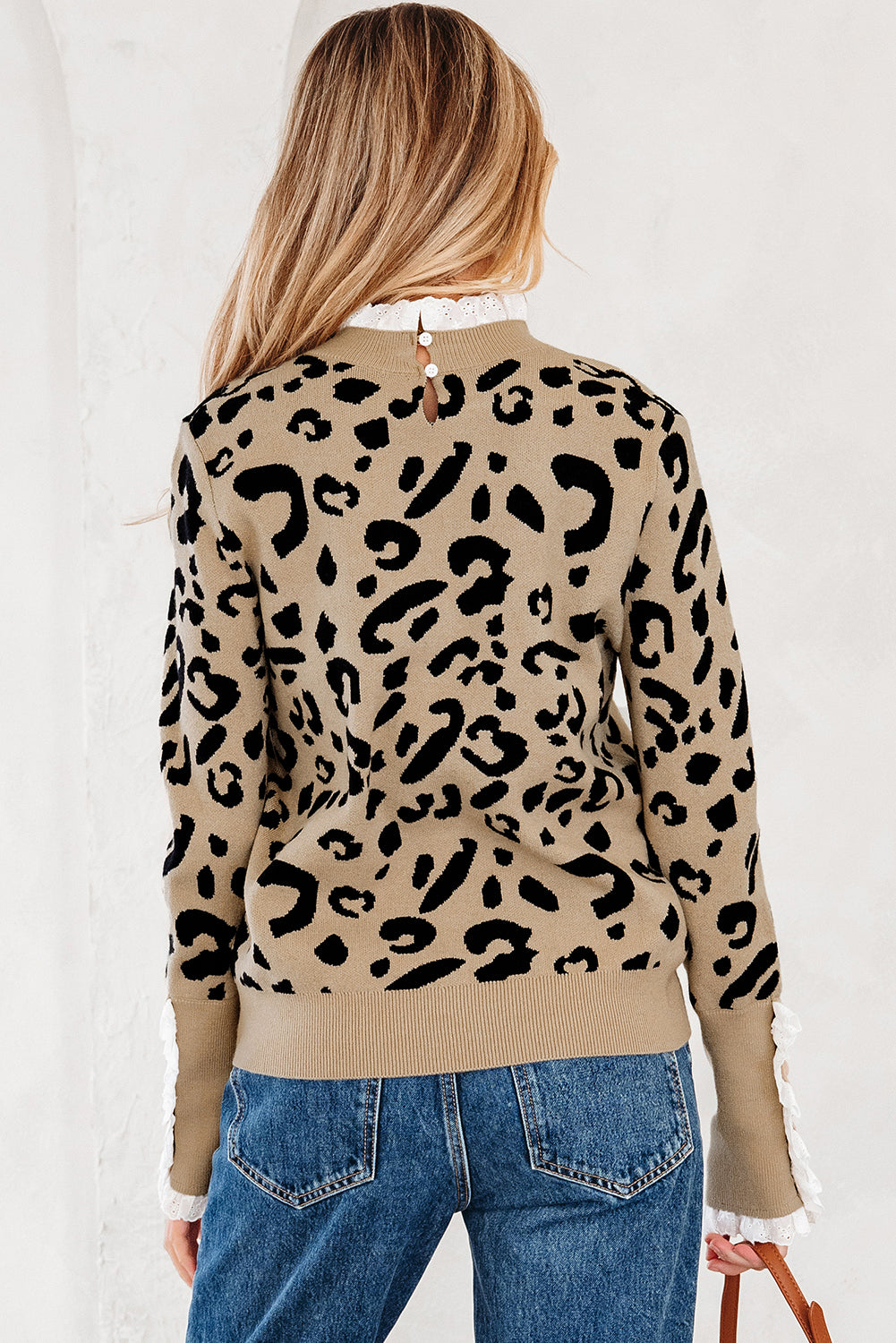 Brown Leopard Pattern Lace Ribbed Detail Button Cuffed Sweater-TOPS / DRESSES-[Adult]-[Female]-2022 Online Blue Zone Planet