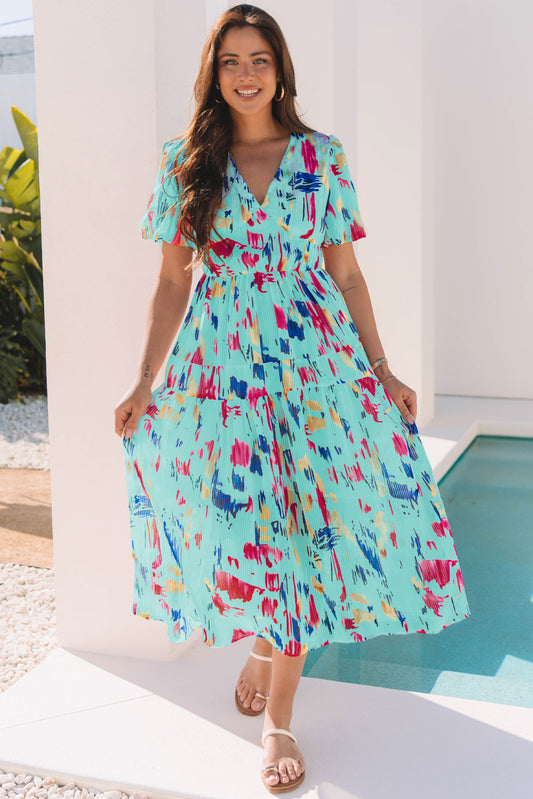 Sky Blue Abstract Print Short Puff Sleeve Tiered Maxi Dress-TOPS / DRESSES-[Adult]-[Female]-Sky Blue-S-2022 Online Blue Zone Planet