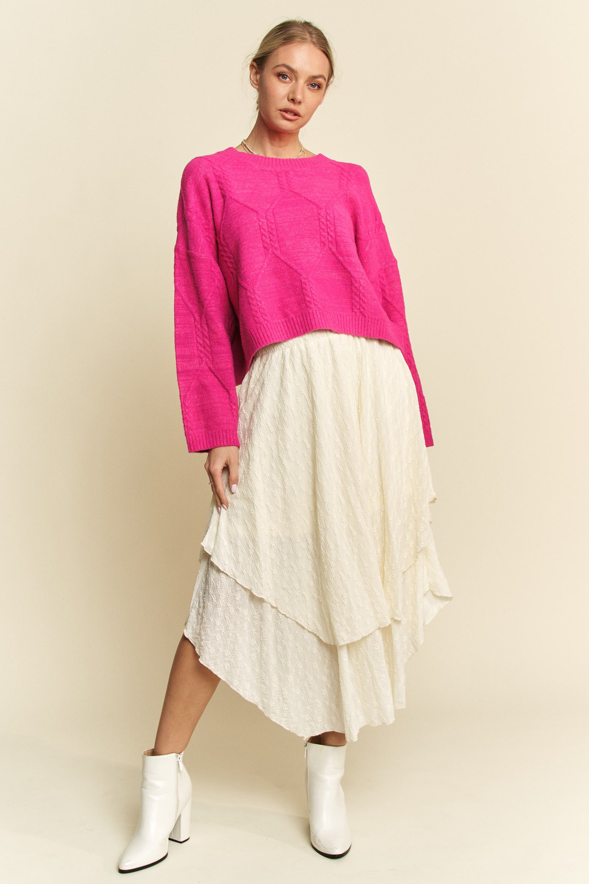 Davi & Dani Diamond Cable Pattern Drop Shoulder Sweater-TOPS / DRESSES-[Adult]-[Female]-2022 Online Blue Zone Planet
