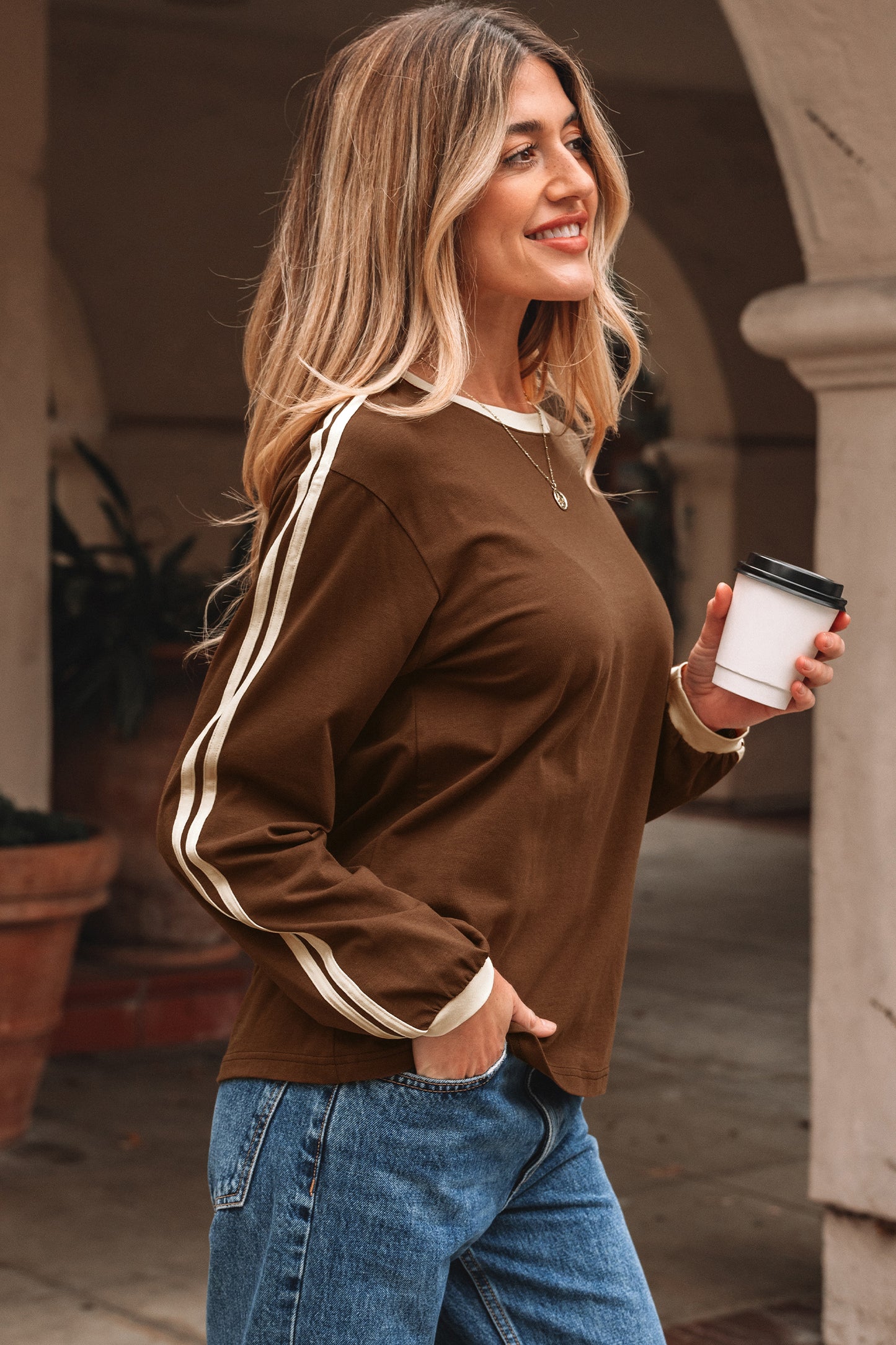 Dark Brown Varsity Striped Accent Contrast Crew Neck Long Sleeve T Shirt-Tops/Long Sleeve Tops-[Adult]-[Female]-2022 Online Blue Zone Planet