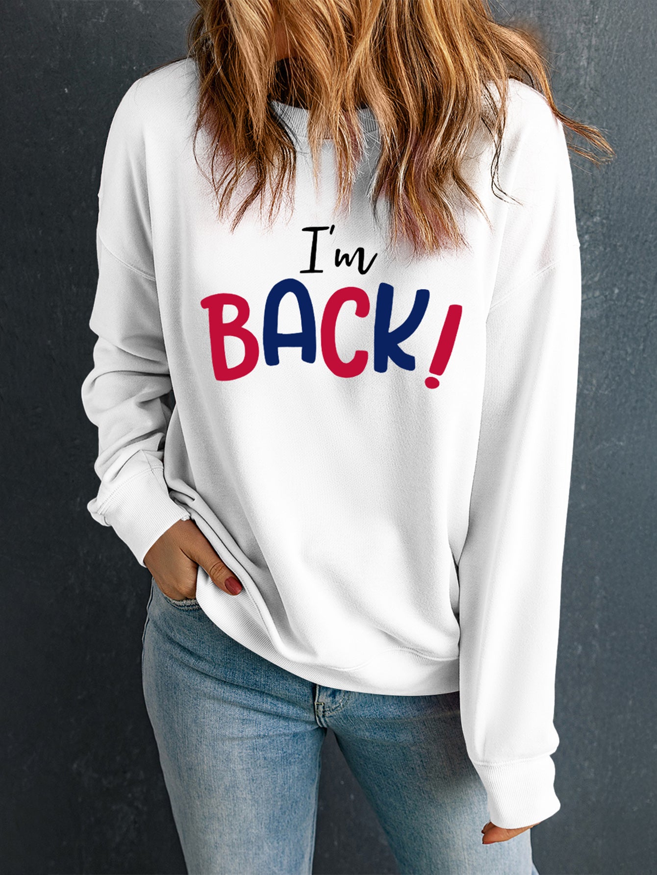 I'M BACK Round Neck Dropped Shoulder Sweatshirt-TOPS / DRESSES-[Adult]-[Female]-Navy-S-2022 Online Blue Zone Planet