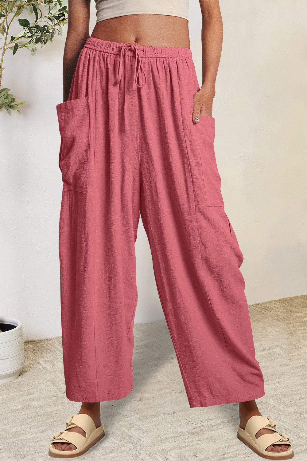 Full Size Pocketed Drawstring Wide Leg Pants-BOTTOMS SIZES SMALL MEDIUM LARGE-[Adult]-[Female]-Hot Pink-S-2022 Online Blue Zone Planet