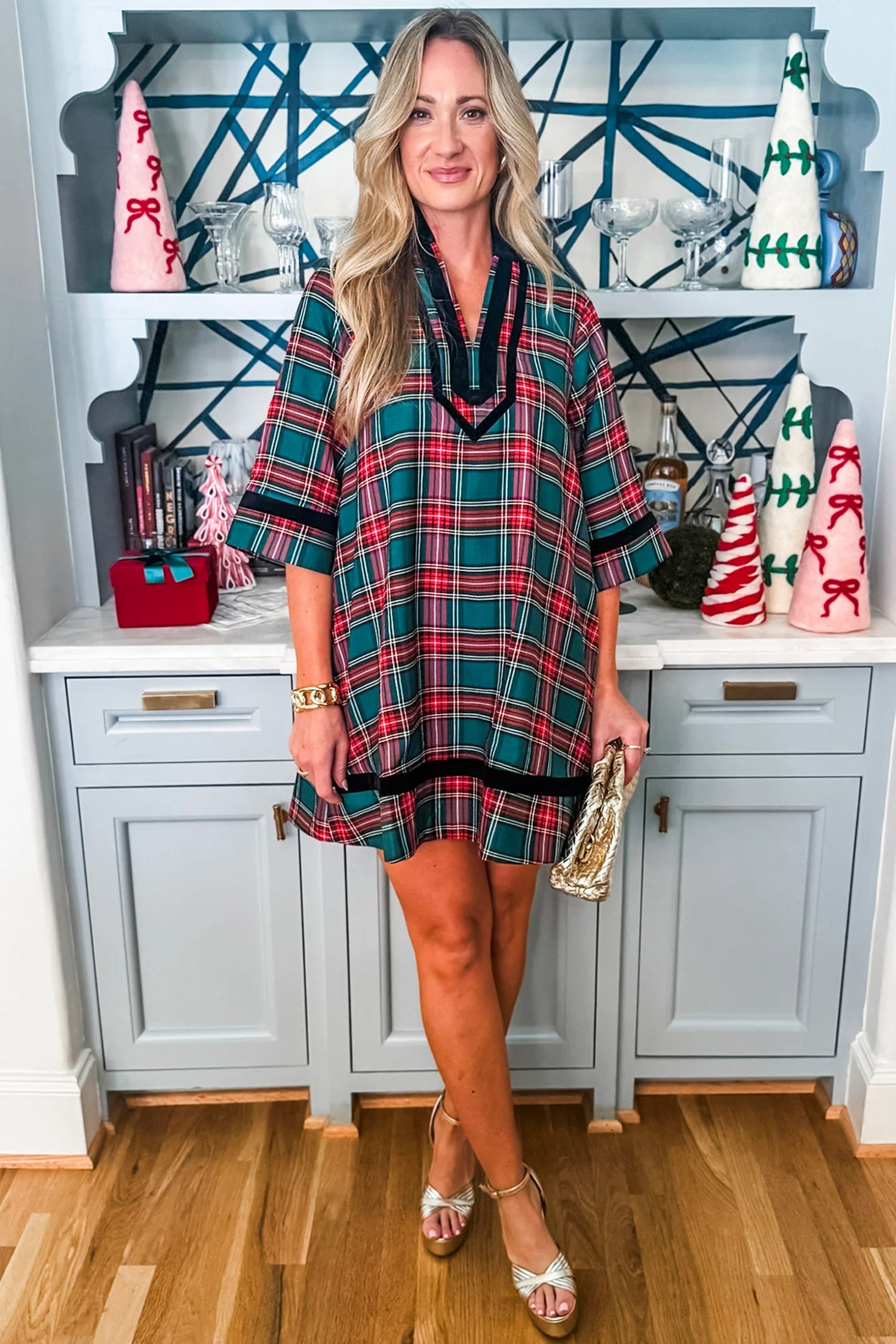 Green Plaid Velvet Trim Pockets Short Shift Dress-TOPS / DRESSES-[Adult]-[Female]-2022 Online Blue Zone Planet
