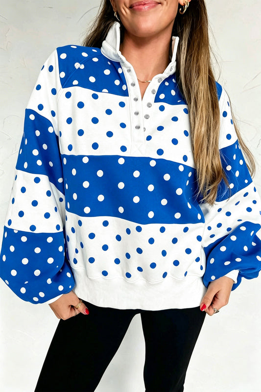 Blue Polka Dot Colorblock Half Zip Puff Sleeve Pullover Sweatshirt-Tops/Sweatshirts & Hoodies-[Adult]-[Female]-Blue-S-2022 Online Blue Zone Planet