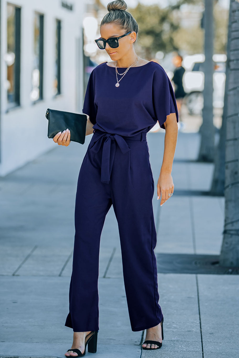 Blue Belted Wide Leg Jumpsuit-Bottoms/Jumpsuits & Rompers-[Adult]-[Female]-2022 Online Blue Zone Planet