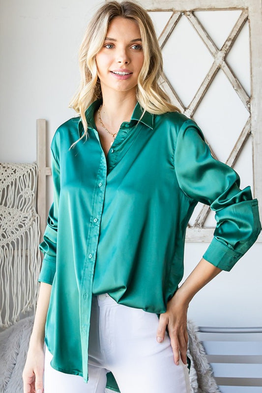 First Love Satin Long Sleeve Button Down Shirt-TOPS / DRESSES-[Adult]-[Female]-Hunter Green-S-2022 Online Blue Zone Planet