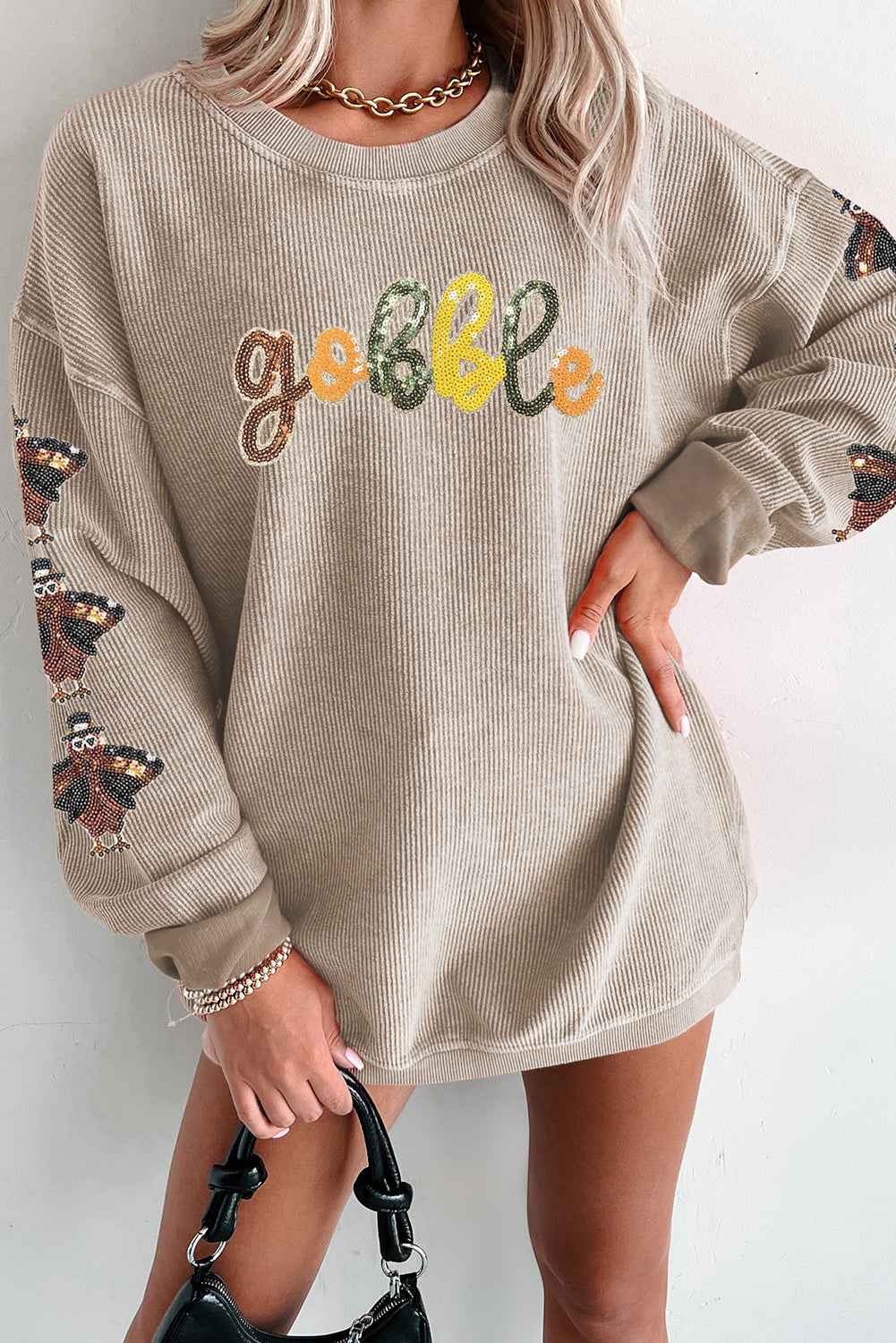 Smoke Gray Corded Ribbed Thanksgiving Turkey Sequin Patched Sleeve gobble Baggy Sweatshirt-Graphic/Graphic Sweatshirts-[Adult]-[Female]-Smoke Gray-S-2022 Online Blue Zone Planet
