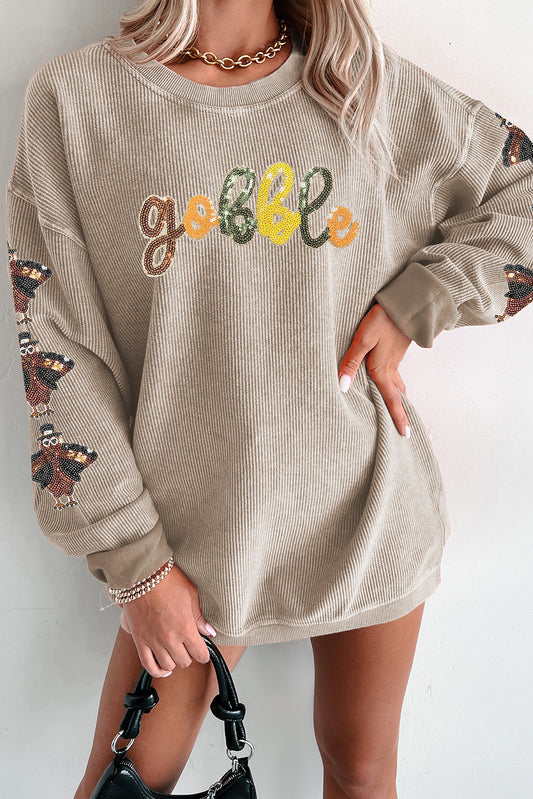 Smoke Gray Corded Ribbed Thanksgiving Turkey Sequin Patched Sleeve gobble Baggy Sweatshirt-Graphic/Graphic Sweatshirts-[Adult]-[Female]-Smoke Gray-S-2022 Online Blue Zone Planet