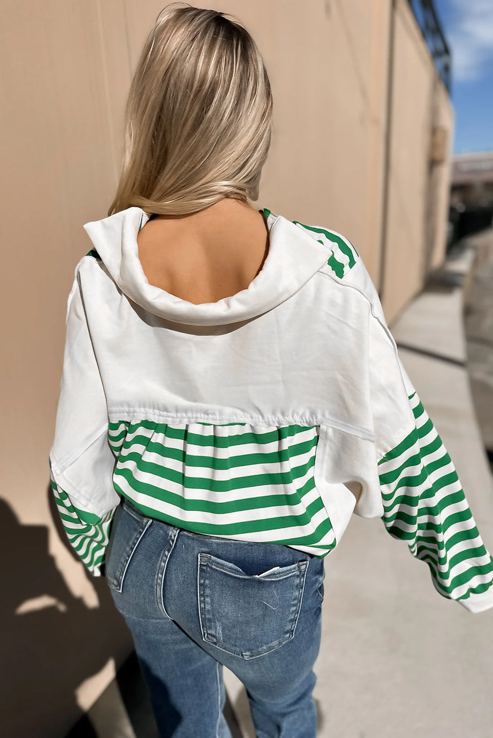Green Stripe Colorblock Collared V Neck Cropped Knit Pullover-Tops/Long Sleeve Tops-[Adult]-[Female]-2022 Online Blue Zone Planet