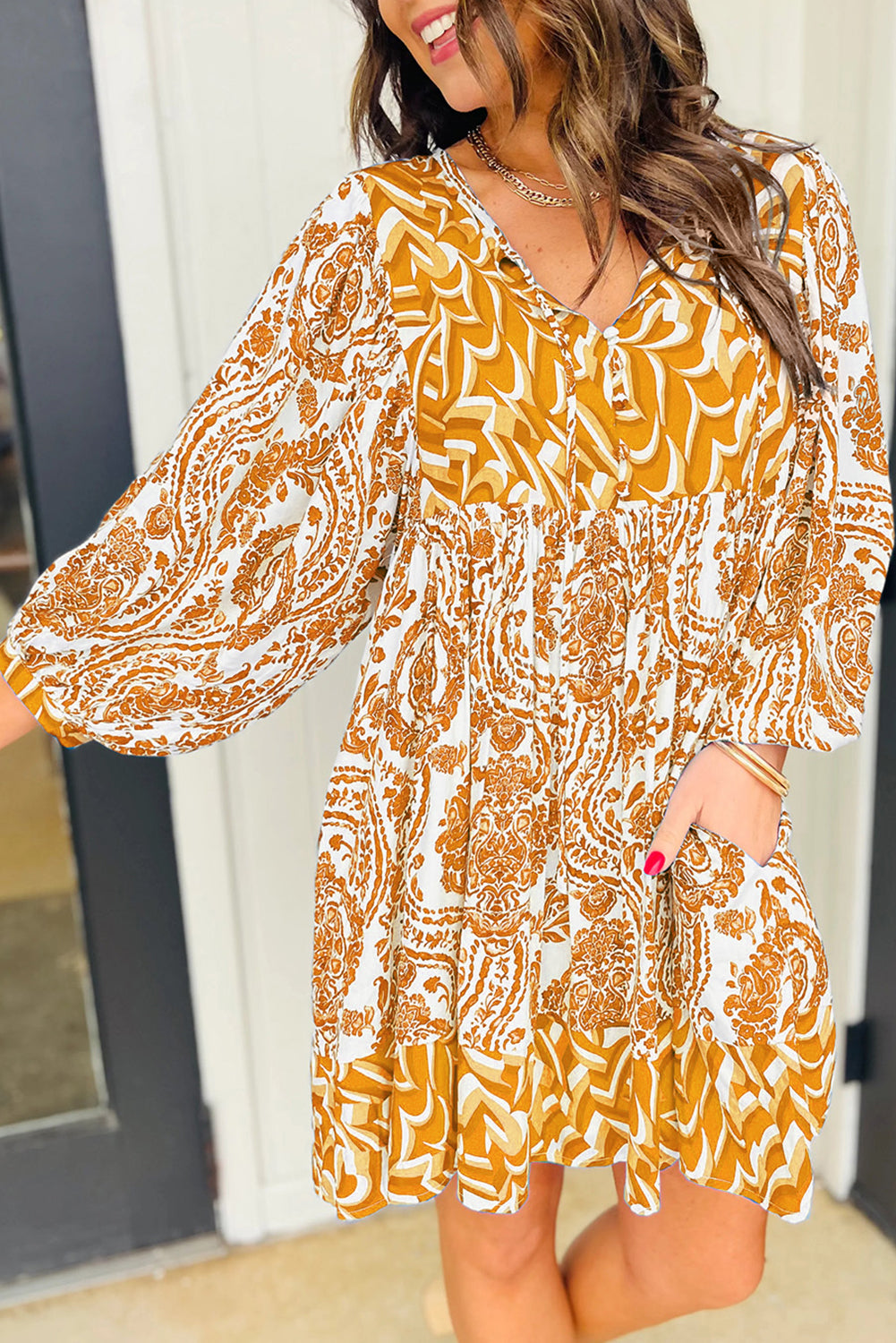 Orange Bohemian Print Puff Sleeve Tied V Neck Flared Mini Dress-Dresses/Mini Dresses-[Adult]-[Female]-Orange-S-2022 Online Blue Zone Planet