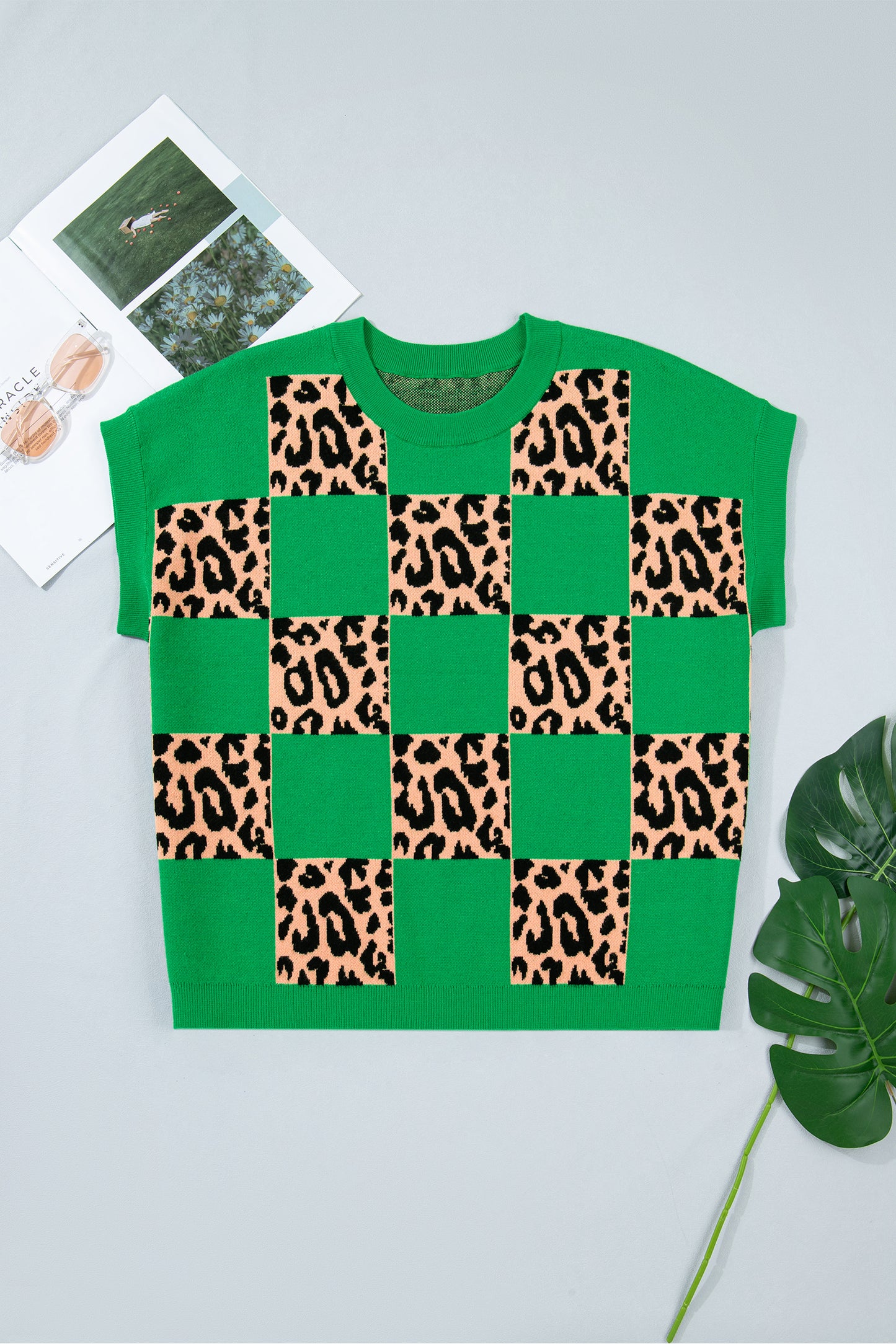 Green Plus Size Leopard Contrasted Checkered Short Sleeve Sweater-TOPS / DRESSES-[Adult]-[Female]-2022 Online Blue Zone Planet