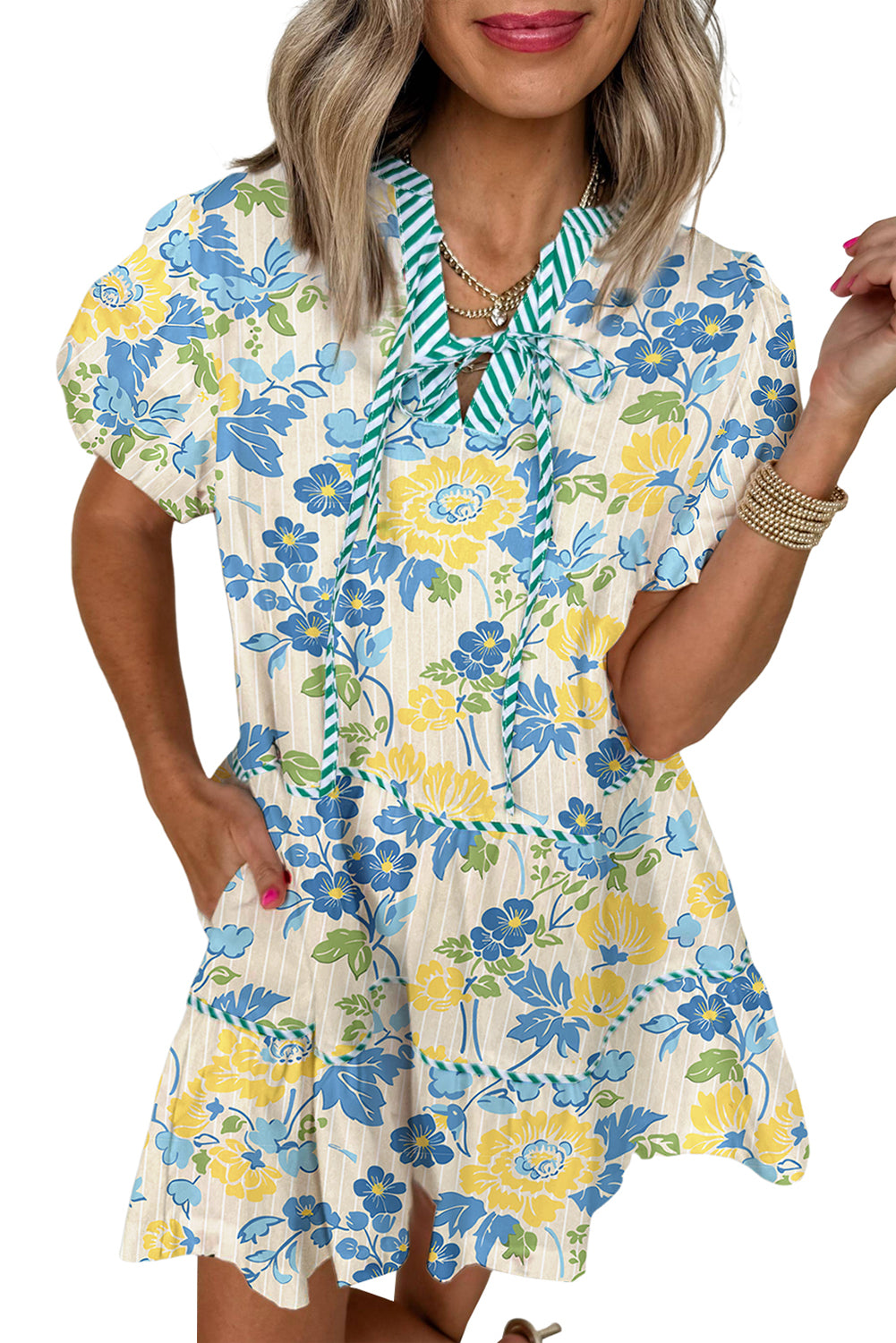 Blue Floral Striped Trim Puff Short Sleeve Dress-TOPS / DRESSES-[Adult]-[Female]-2022 Online Blue Zone Planet