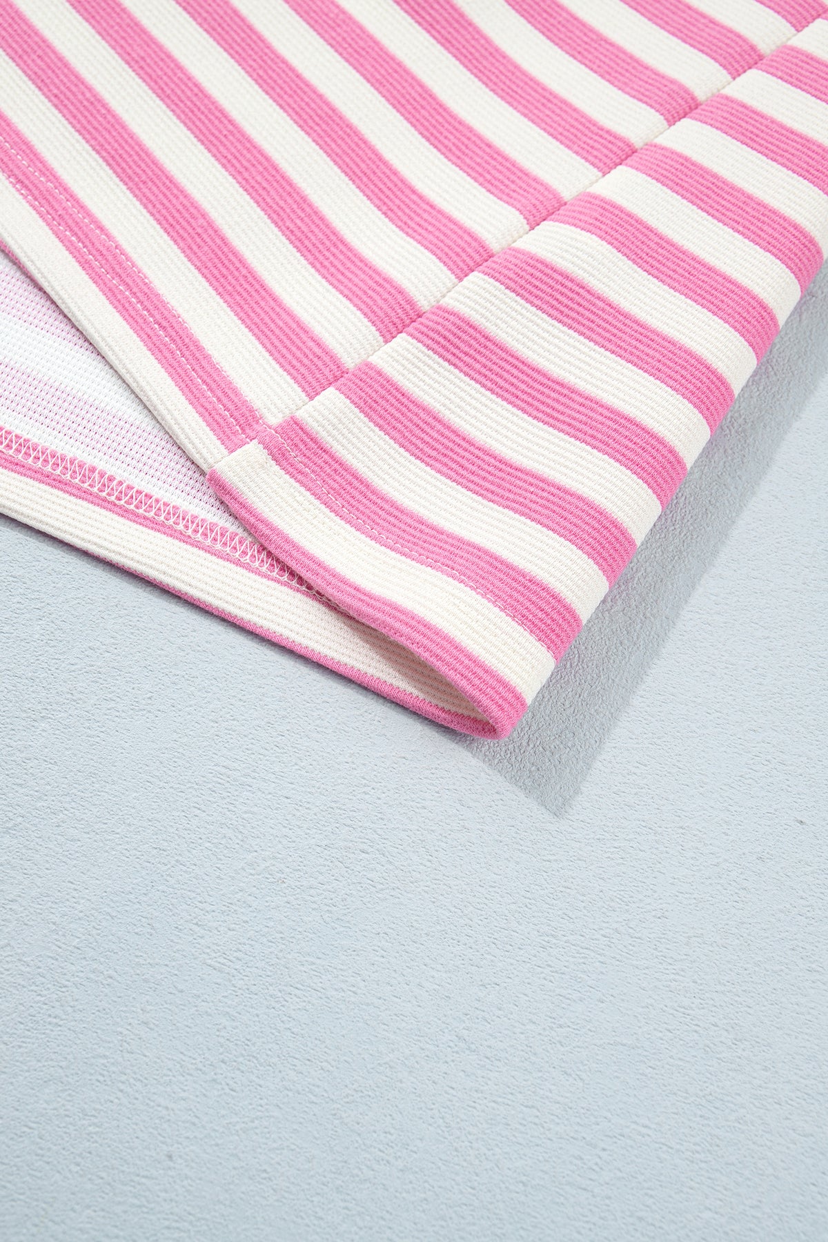 Pink Striped Long Sleeve Crew Neck Drawstring Waist Shorts Set-Two Piece Sets/Short Sets-[Adult]-[Female]-2022 Online Blue Zone Planet