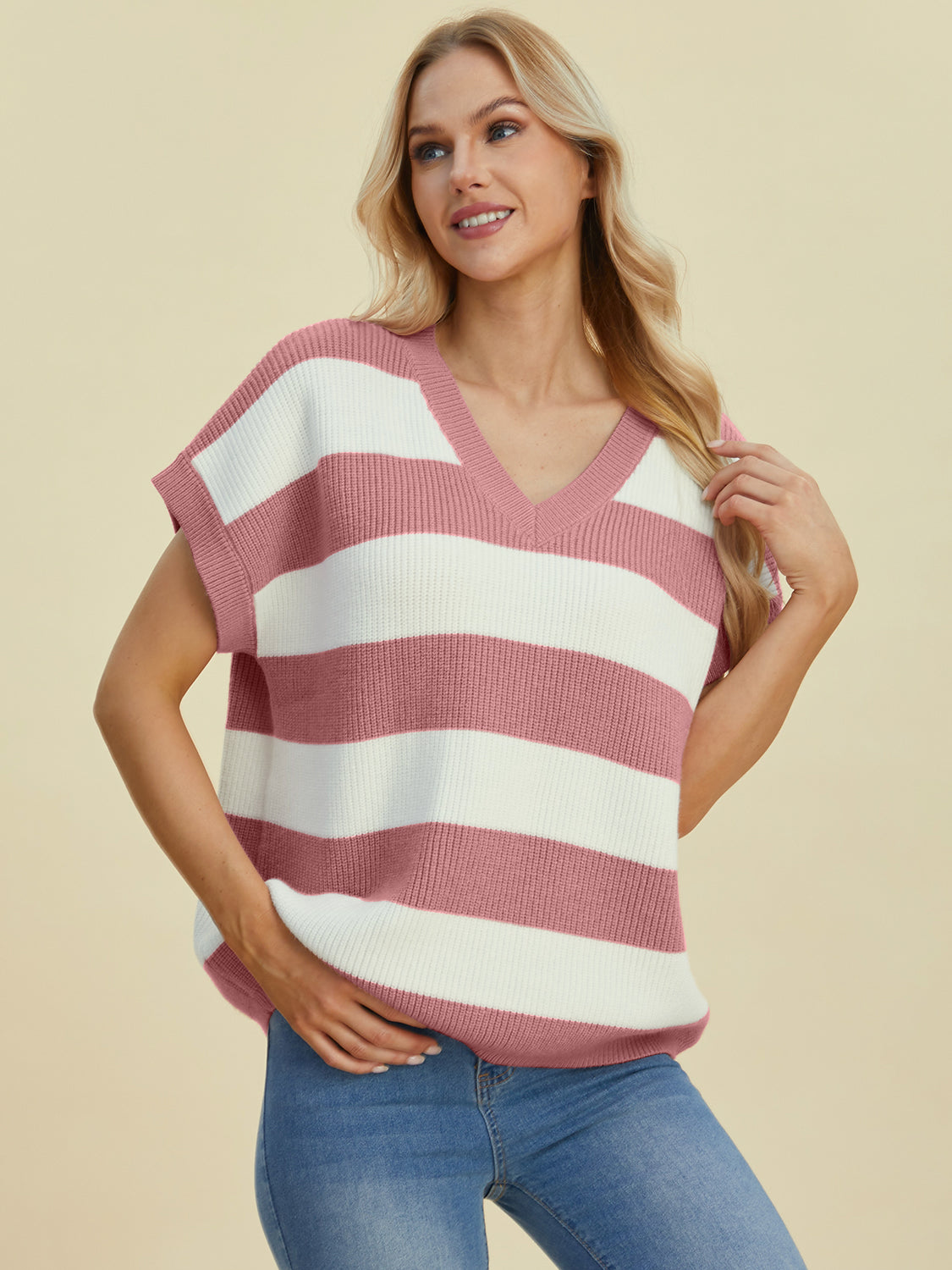 Double Take Full Size Striped V-Neck Short Sleeve Sweater-TOPS / DRESSES-[Adult]-[Female]-Dusty Pink-S-2022 Online Blue Zone Planet