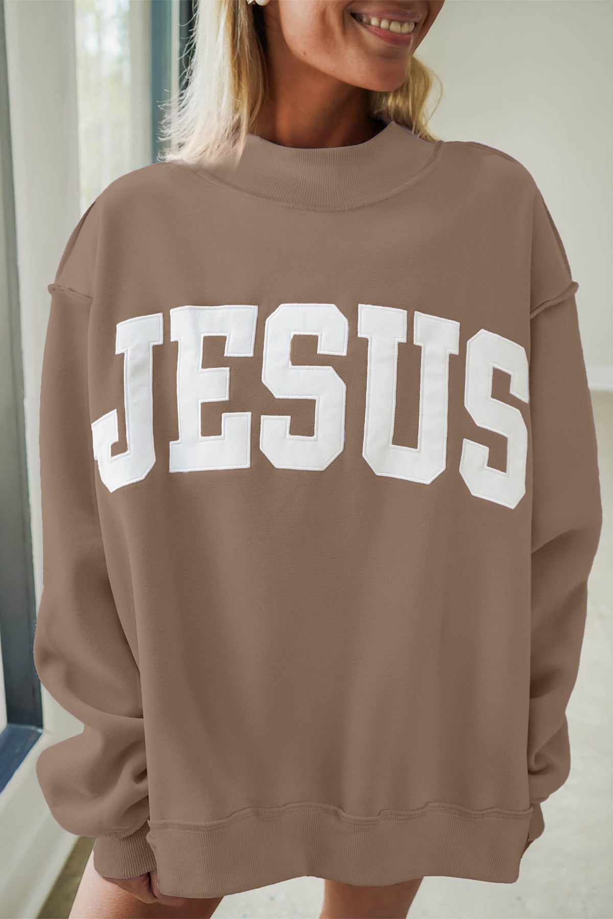 Meadow Mist Green JESUS Letter Patch Graphic Exposed Seam Mock Neck Baggy Sweatshirt