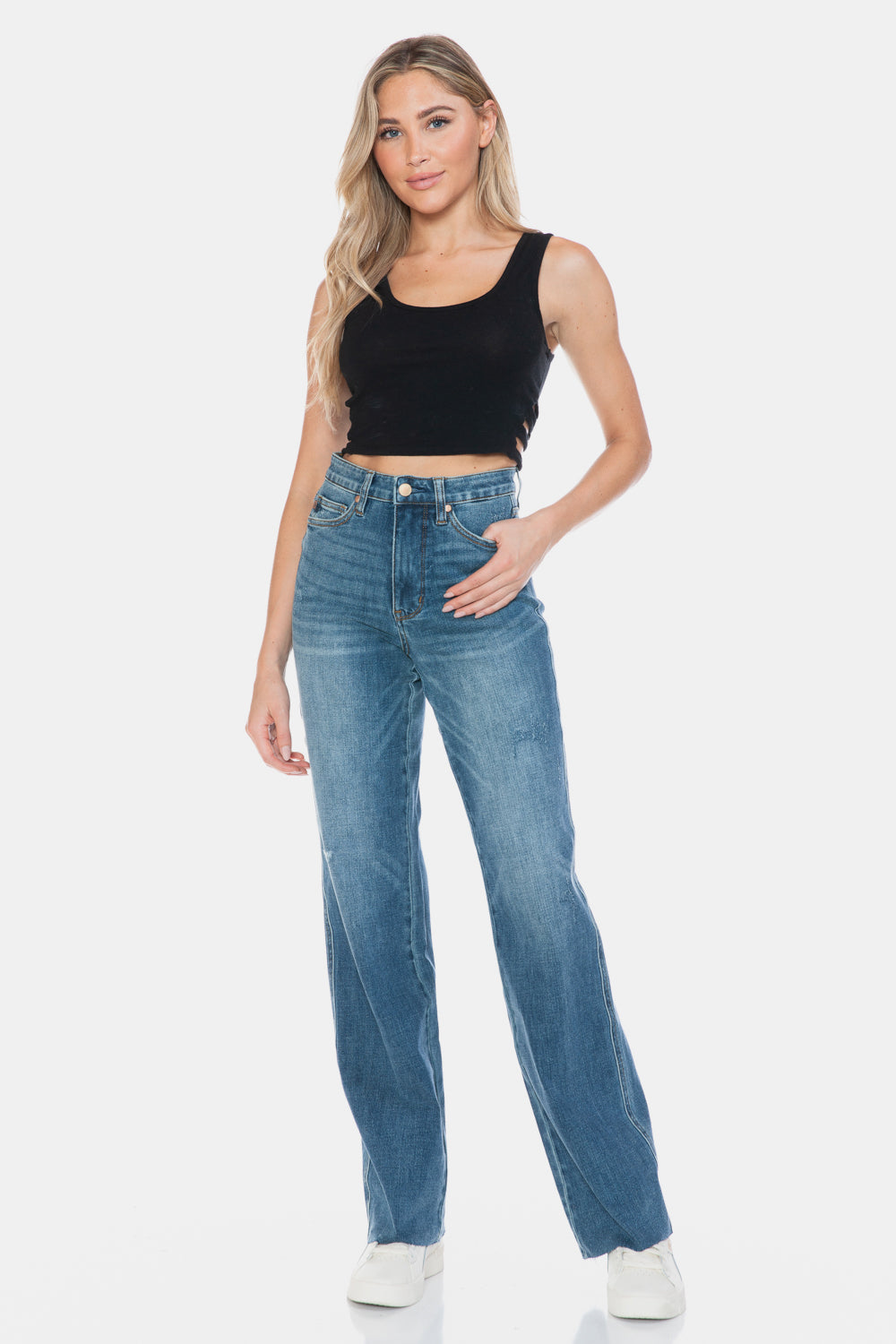 Blue Zone Planet | Judy Blue Full Size Tummy Control Cut Raw Hem Straight Jeans-BOTTOMS SIZES SMALL MEDIUM LARGE-[Adult]-[Female]-2022 Online Blue Zone Planet