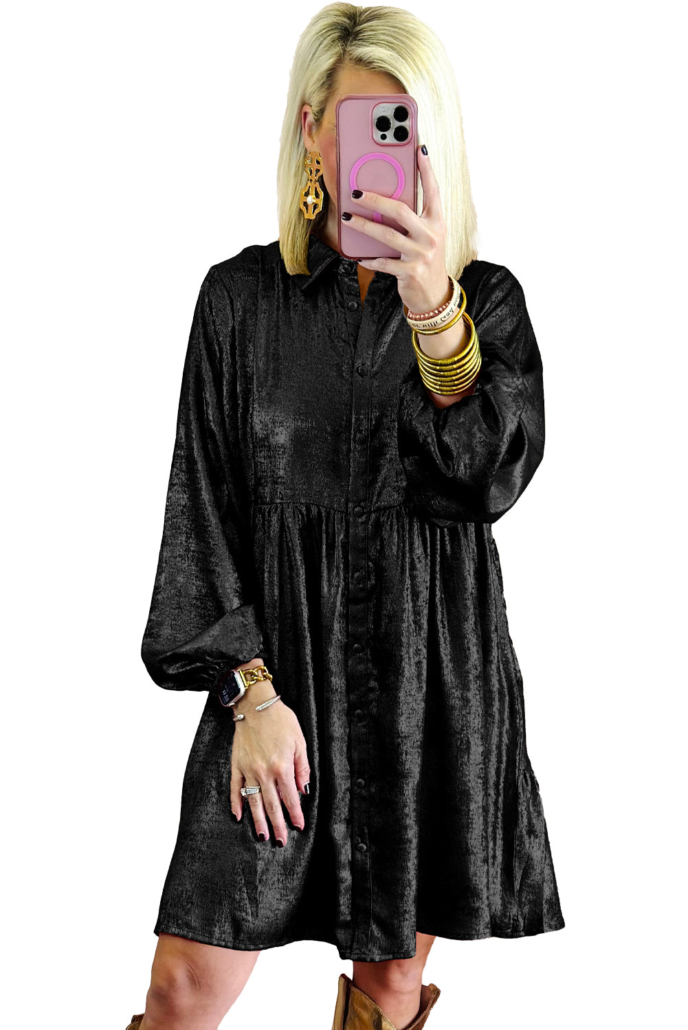 Blue Zone Planet | Black Metallic Sheen Puff Sleeve Button Up Mini Shirt Dress-TOPS / DRESSES-[Adult]-[Female]-2022 Online Blue Zone Planet