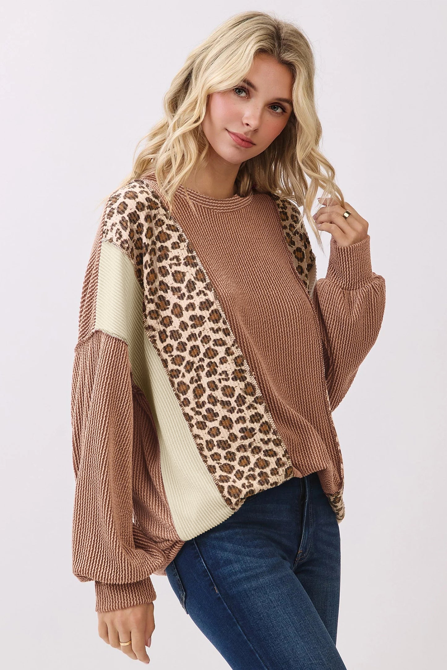 DUNE Leopard Print Colorblock Ribbed Knit Top-Tops/Long Sleeve Tops-[Adult]-[Female]-2022 Online Blue Zone Planet