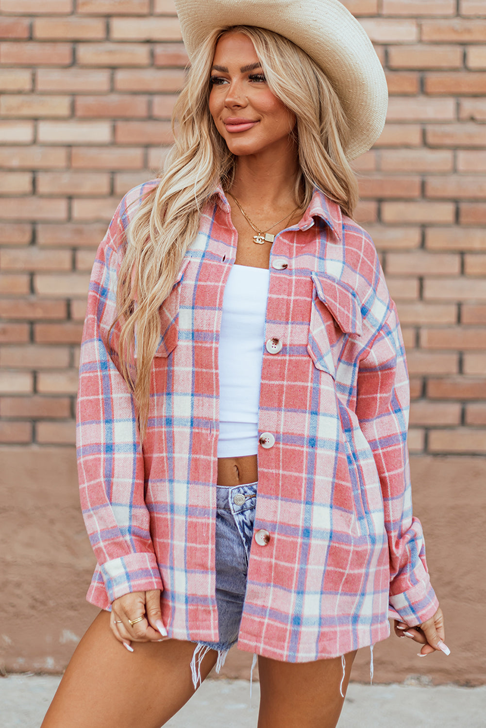 Pink Plaid Flap Pocket Button Up Shacket-Outerwear/Plaid Shackets-[Adult]-[Female]-Pink-S-2022 Online Blue Zone Planet