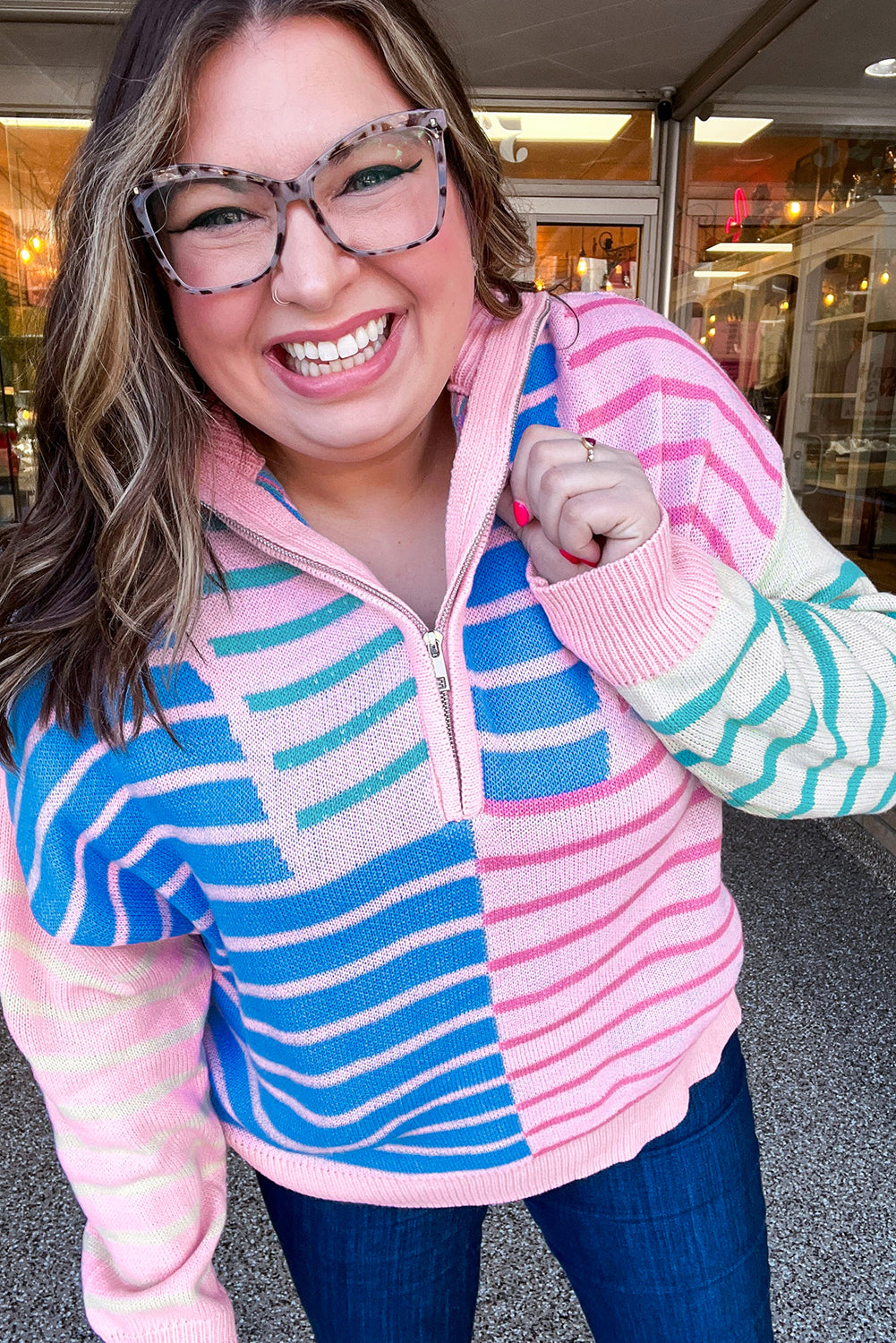 Sky Blue Stripe Colorblock Patchwork Plus Size Half Zip Sweater-Plus Size/Plus Size Sweaters & Cardigans-[Adult]-[Female]-2022 Online Blue Zone Planet