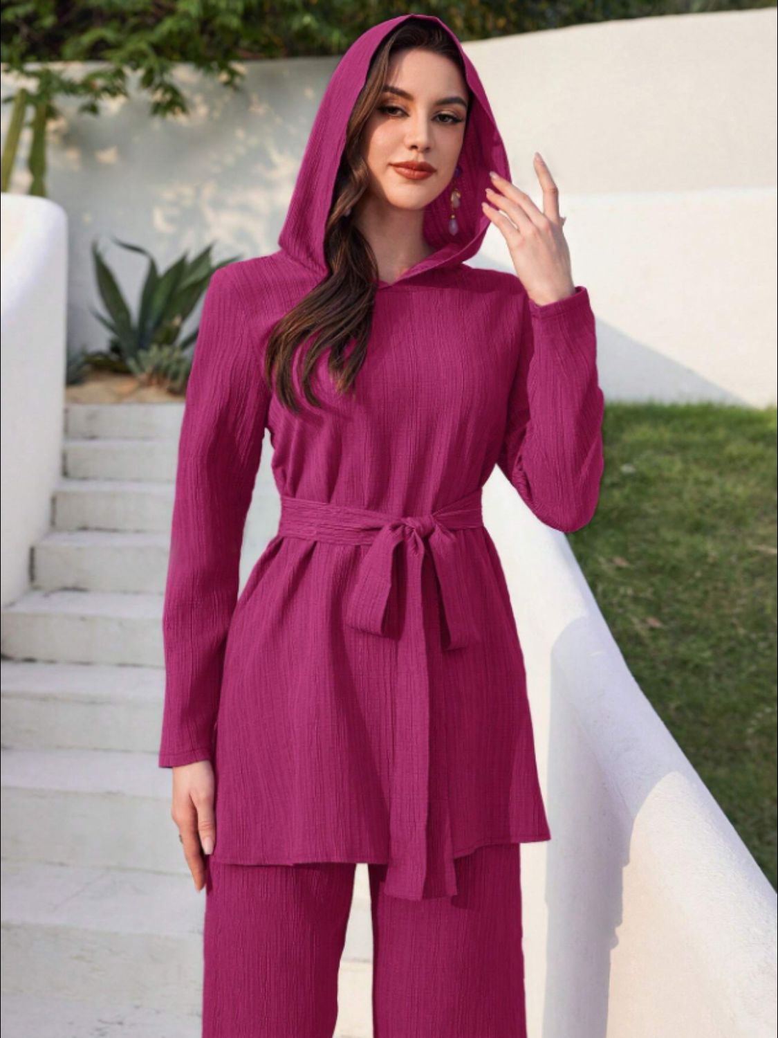 Tied Long Sleeve Hooded Top and Pants Set-TOPS / DRESSES-[Adult]-[Female]-Cerise-S-2022 Online Blue Zone Planet