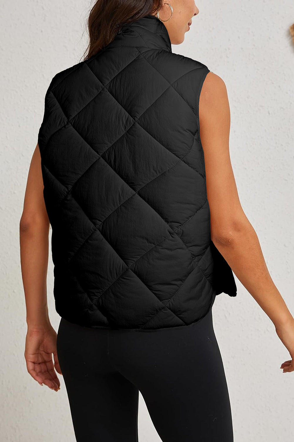 Black Quilted High Neck Button Up Pocket Vest Coat-Outerwear/Vests-[Adult]-[Female]-2022 Online Blue Zone Planet