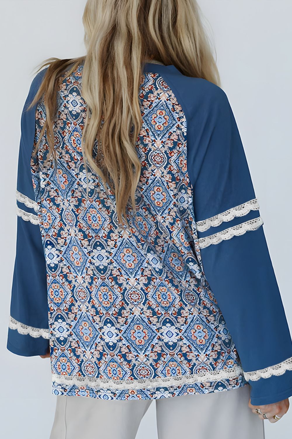 Lace Detail Geometric Round Neck Long Sleeve Top-TOPS / DRESSES-[Adult]-[Female]-2022 Online Blue Zone Planet