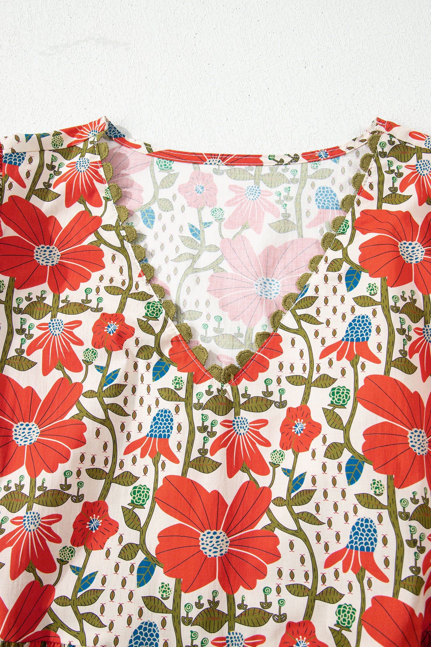 Red Floral Print Ricrac Trim V Neck 3/4 Sleeve Loose Mini Dress-TOPS / DRESSES-[Adult]-[Female]-2022 Online Blue Zone Planet