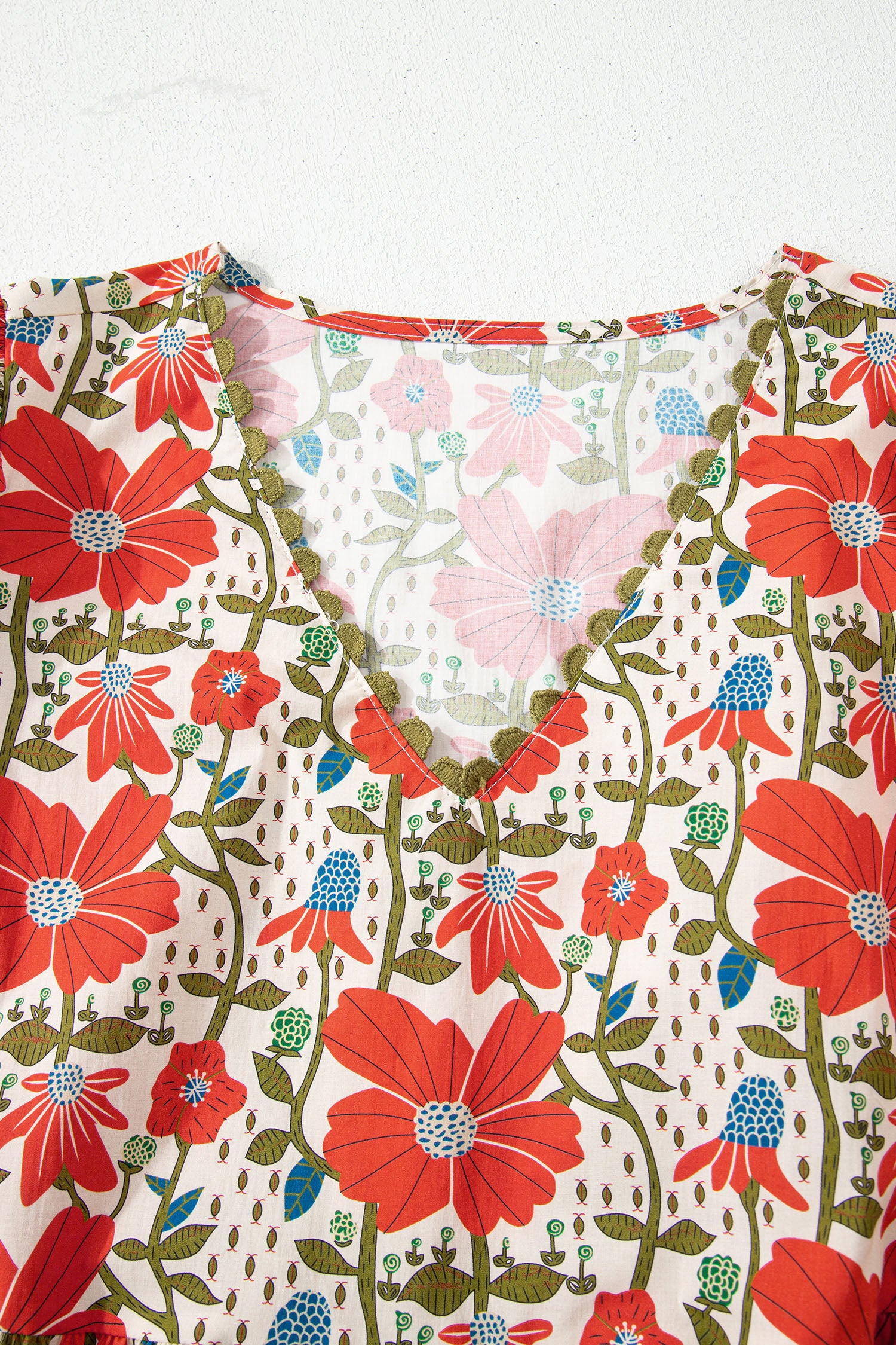 Red Floral Print Ricrac Trim V Neck 3/4 Sleeve Loose Mini Dress-TOPS / DRESSES-[Adult]-[Female]-2022 Online Blue Zone Planet