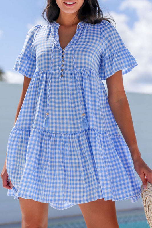 Sky Blue Gingham Short Sleeve Button Tie Split Neck Loose Mini Dress-TOPS / DRESSES-[Adult]-[Female]-Sky Blue-S-2022 Online Blue Zone Planet