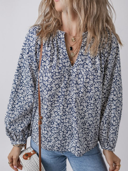 Floral Print Notched Long Sleeve Blouse-TOPS / DRESSES-[Adult]-[Female]-Dusty Blue-S-2022 Online Blue Zone Planet