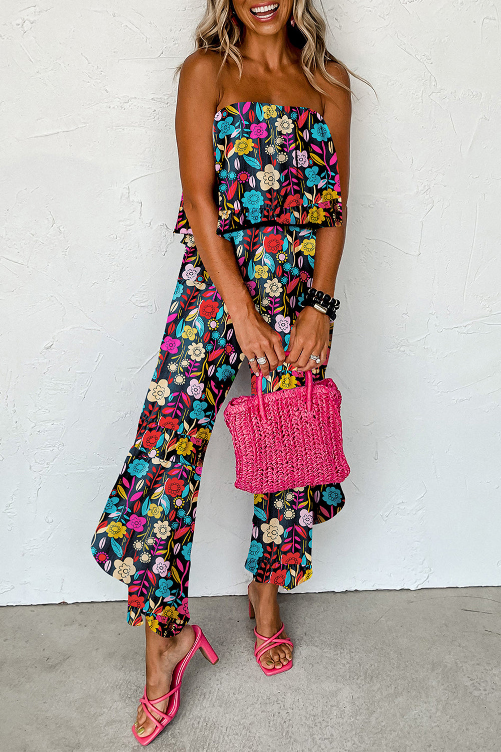 Red Mix Tropical Print Strapless Ruffled Jumpsuit-Bottoms/Jumpsuits & Rompers-[Adult]-[Female]-2022 Online Blue Zone Planet