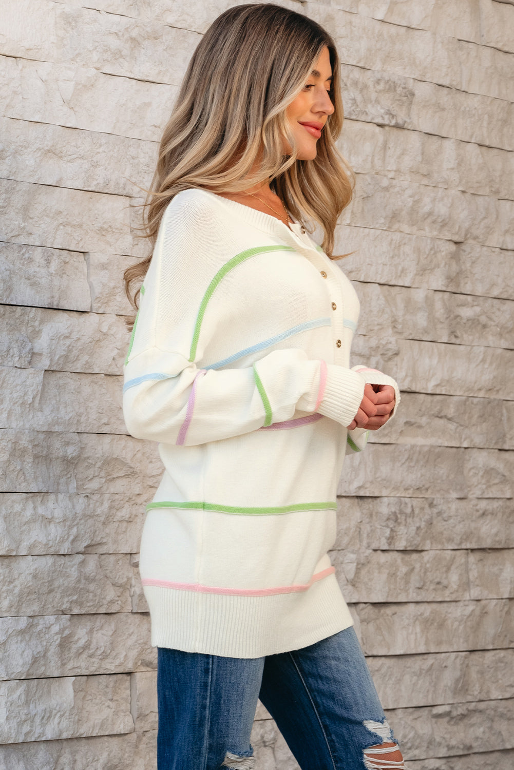 Blue Zone Planet | White Rainbow Stripes Drop Shoulder Baggy Henley Sweater-Sweaters & Cardigans/Sweaters-[Adult]-[Female]-2022 Online Blue Zone Planet