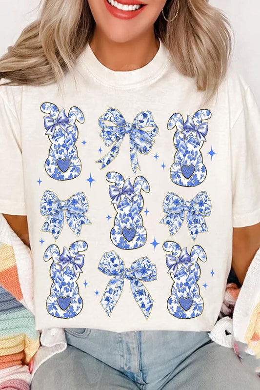 White Bowknot Bunny Graphic Easter Fashion T Shirt-Graphic/Graphic Tees-[Adult]-[Female]-White-S-2022 Online Blue Zone Planet