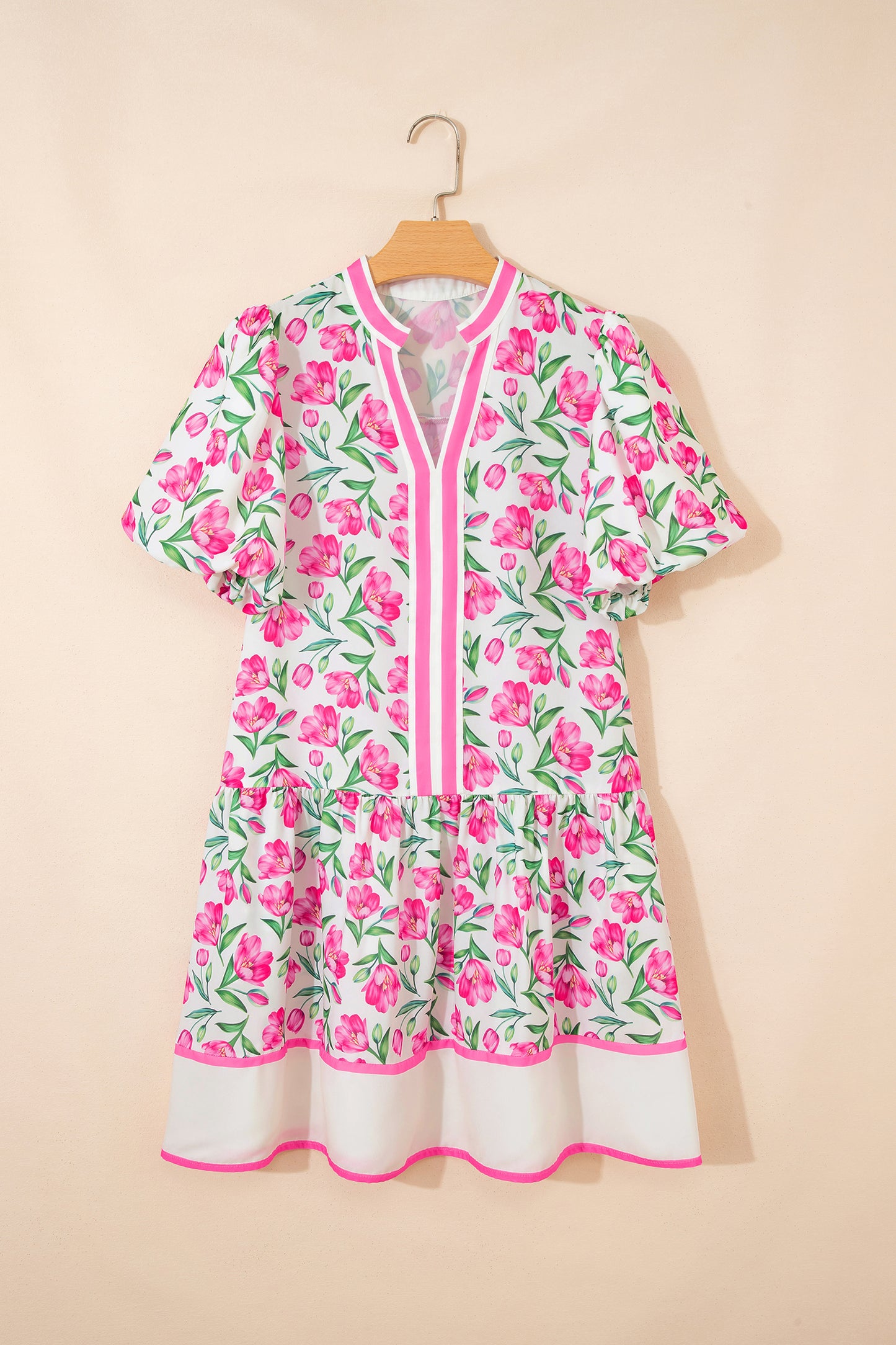 Multicolour Sweet Floral Print Striped Color Block Trim Short Dress-Dresses/Floral Dresses-[Adult]-[Female]-2022 Online Blue Zone Planet