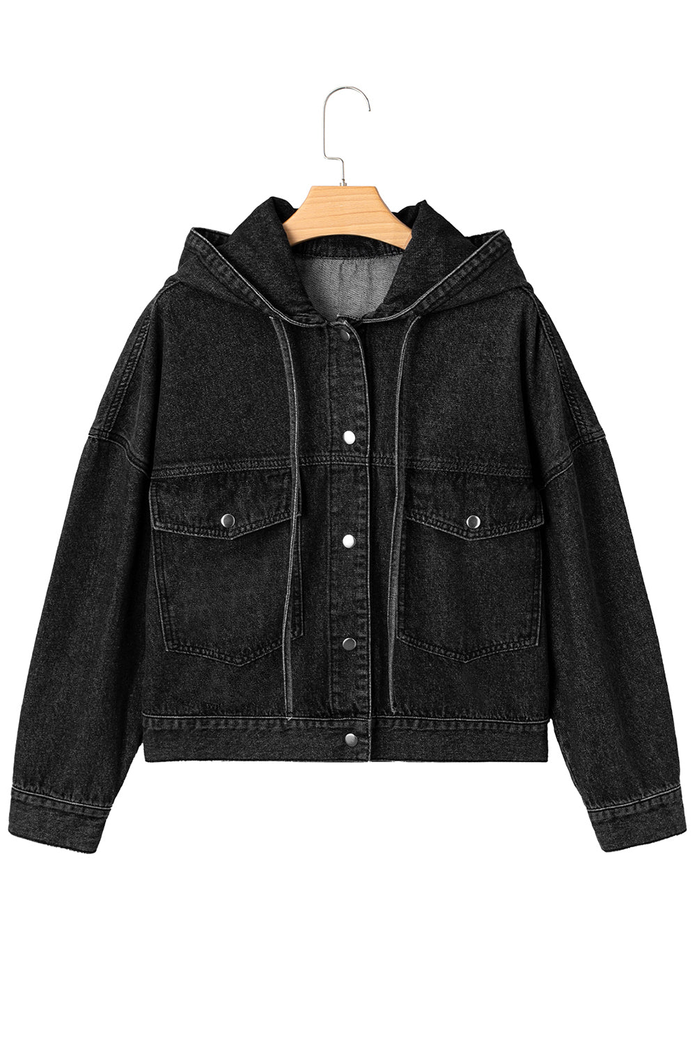 Black Big Chest Pocket Drop Shoulder Hooded Denim Jacket-Tops / Dresses-[Adult]-[Female]-2022 Online Blue Zone Planet
