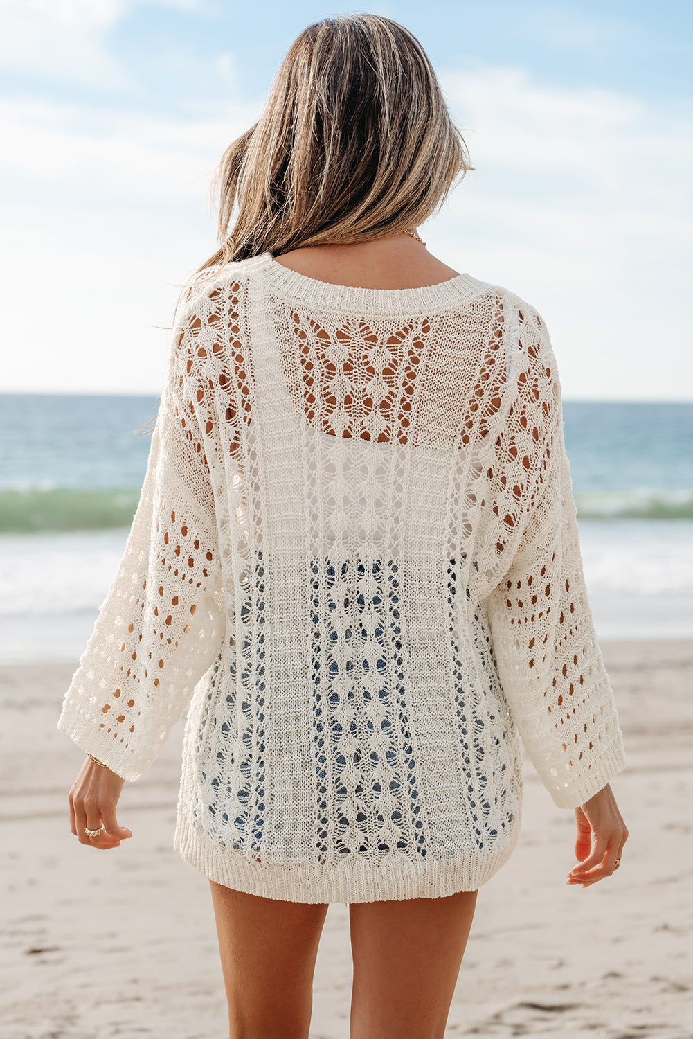 Blue Zone Planet | White Hollow Out Knit Bracelet Sleeve Drop Shoulder Sweater-Sweaters & Cardigans/Sweaters-[Adult]-[Female]-2022 Online Blue Zone Planet