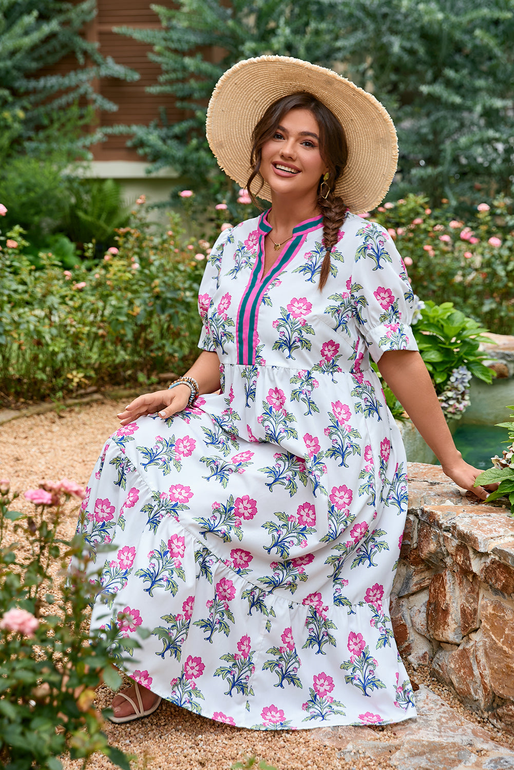 White Allover Print Contrast Split Neckline Short Puff Sleeve Curvy Dress-TOPS / DRESSES-[Adult]-[Female]-2022 Online Blue Zone Planet