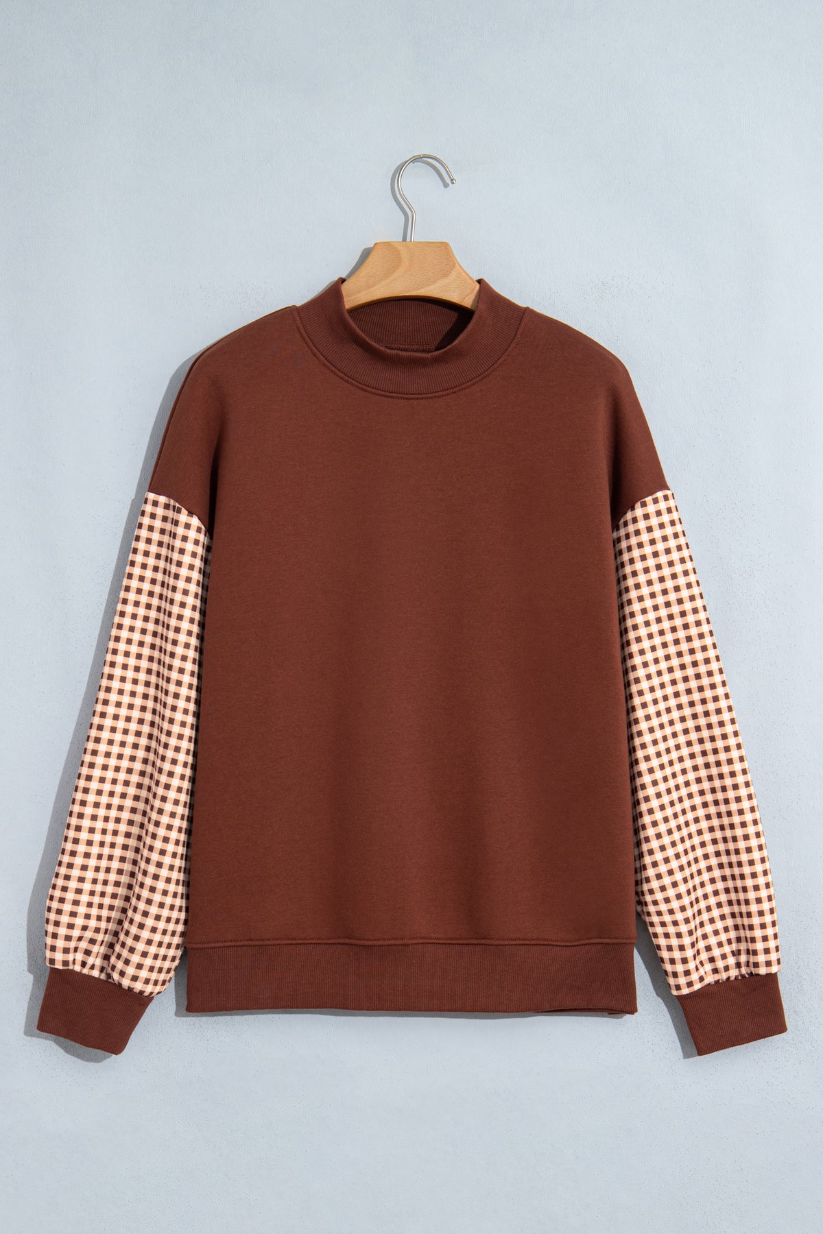 Coffee Plaid Sleeve Colorblock Loose Tunic Sweatshirt-Tops/Sweatshirts & Hoodies-[Adult]-[Female]-2022 Online Blue Zone Planet