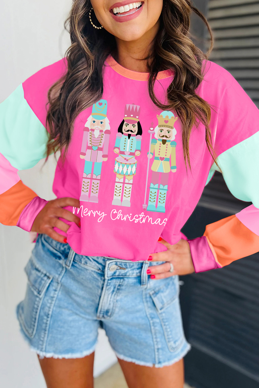 Rose Red Nutcracker Merry Christmas Graphic Colorblock Long Sleeve Tee-Graphic/Graphic Long Sleeve Tees-[Adult]-[Female]-Rose Red-S-2022 Online Blue Zone Planet