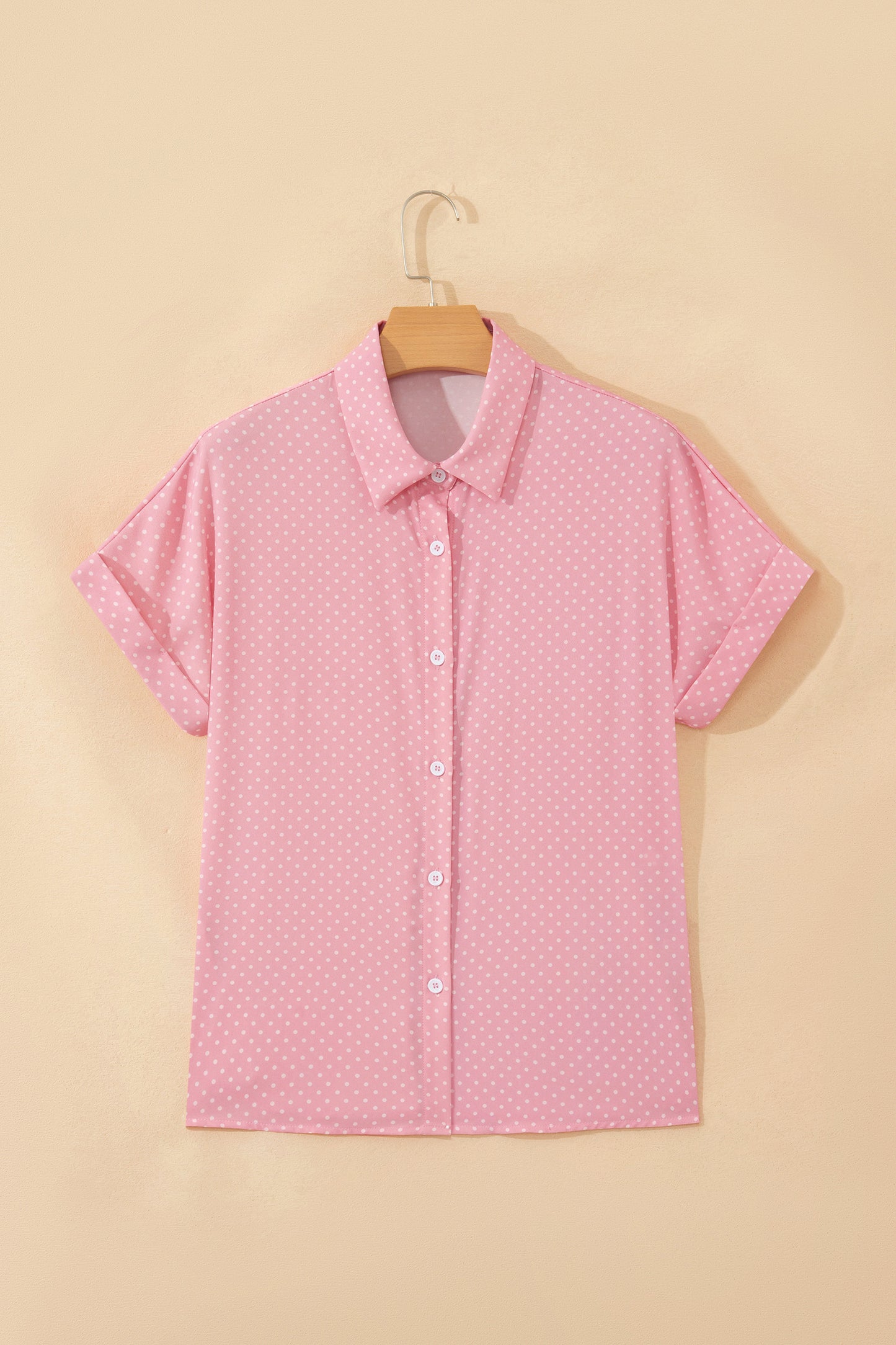 Khaki Dotted Print Cuffed Short Sleeve Shirt-Tops/Blouses & Shirts-[Adult]-[Female]-2022 Online Blue Zone Planet