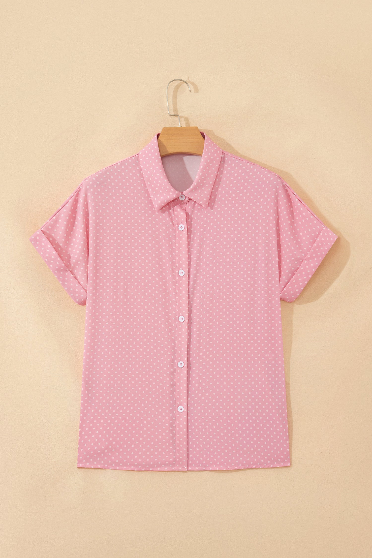 Khaki Dotted Print Cuffed Short Sleeve Shirt-Tops/Blouses & Shirts-[Adult]-[Female]-2022 Online Blue Zone Planet