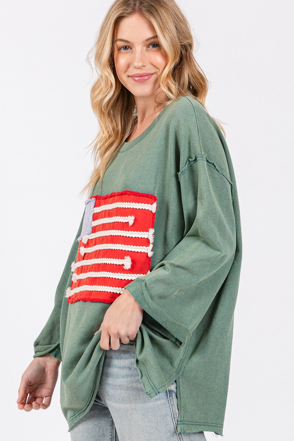 Blue Zone Planet | SAGE + FIG Full Size American Flag Patch Drop Shoulder T-Shirt-TOPS / DRESSES-[Adult]-[Female]-2022 Online Blue Zone Planet