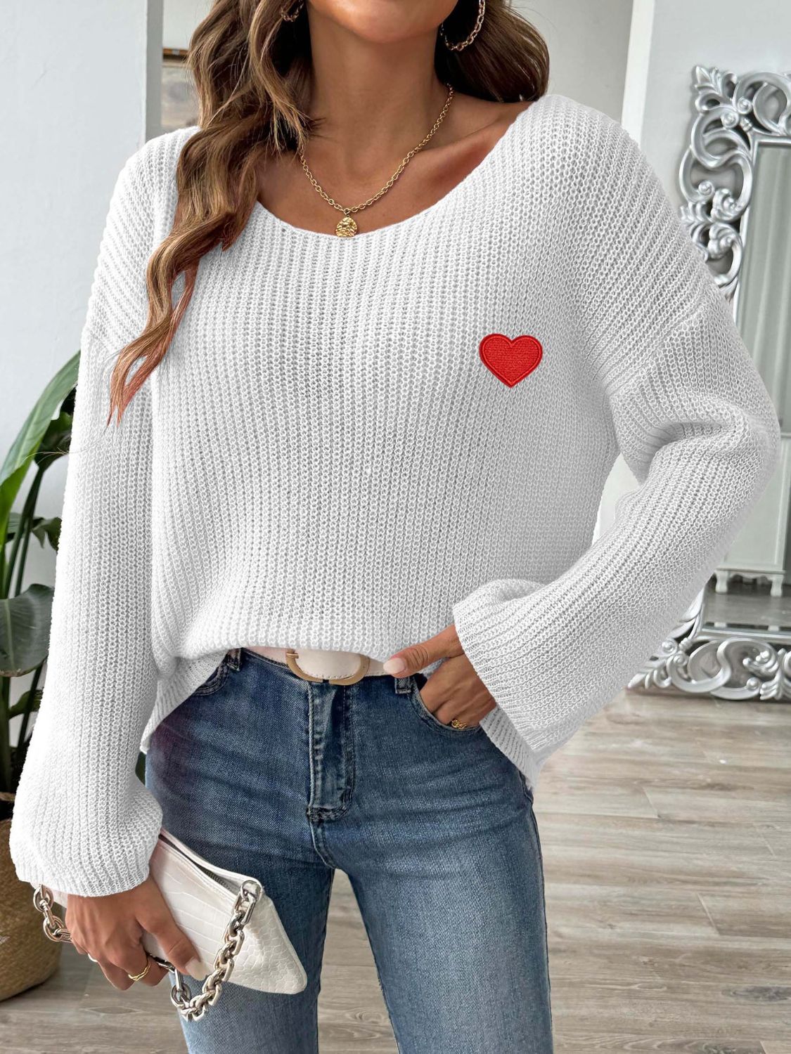 Heart Boat Neck Dropped Shoulder Sweater-TOPS / DRESSES-[Adult]-[Female]-White-S-2022 Online Blue Zone Planet