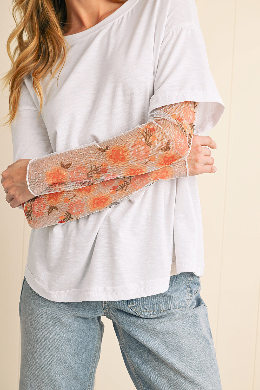 Black Floral Mesh Sleeve Fake Two-Piece Top-Long Sleeve Tops-[Adult]-[Female]-2022 Online Blue Zone Planet
