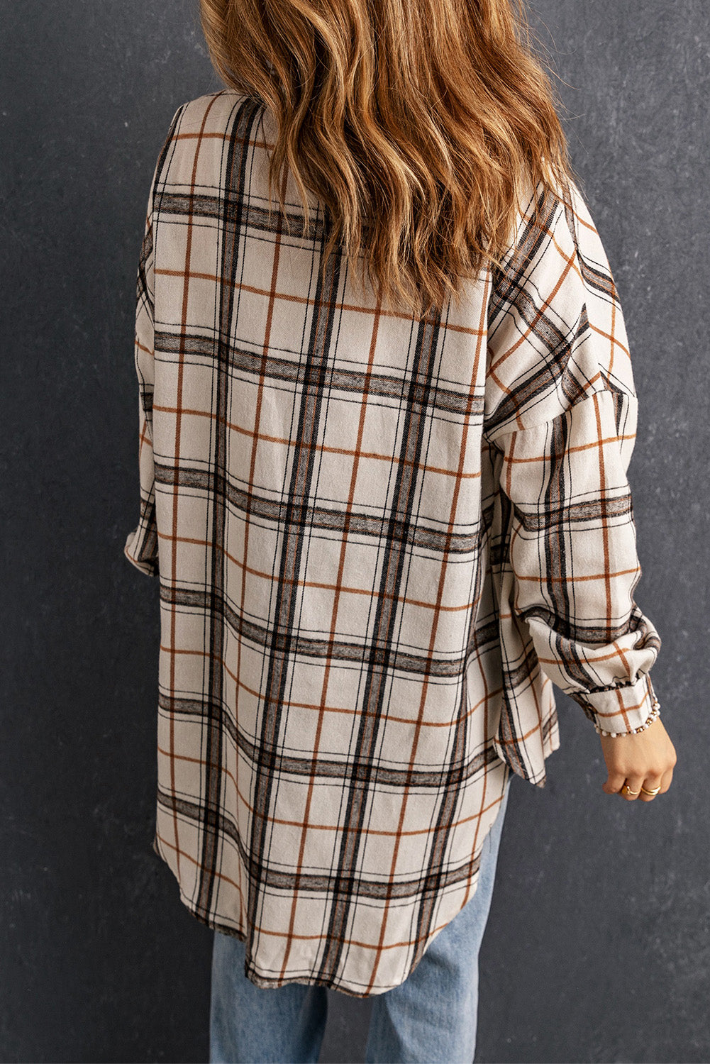 White Oversized Plaid Pattern Shacket with Slits-Outerwear/Plaid Shackets-[Adult]-[Female]-2022 Online Blue Zone Planet